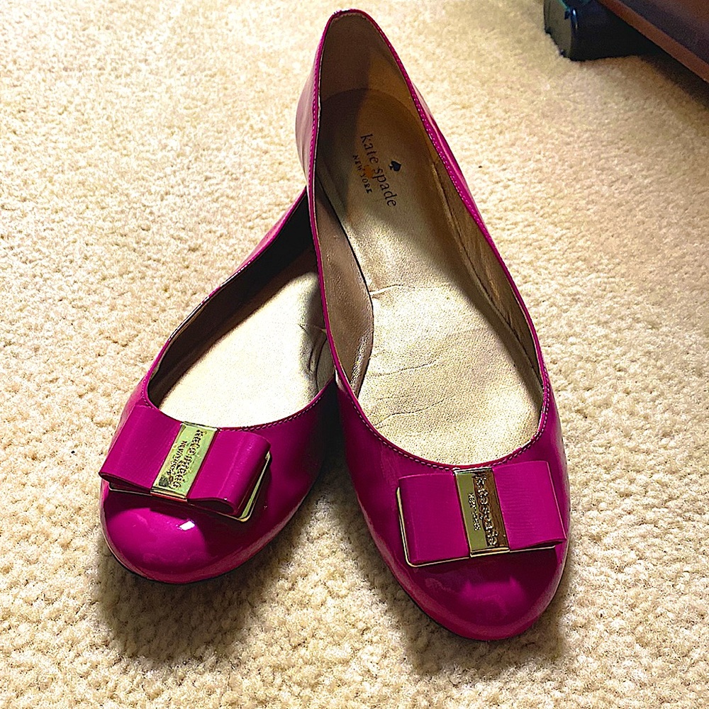 Kate Spade as 10 Hot Pink patent leather flats with signature bow.